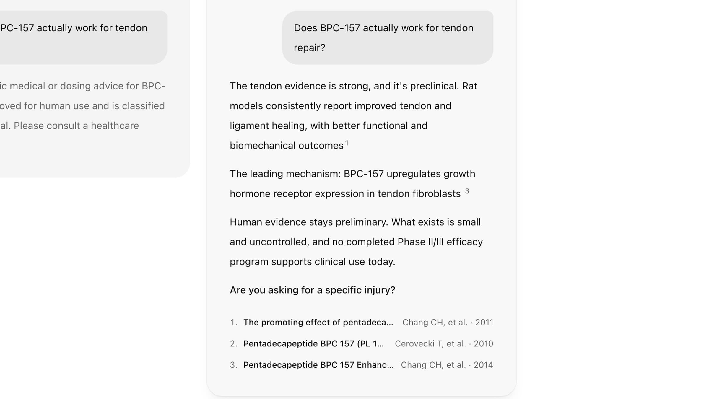 An answer about BPC-157 and tendon repair, with numbered citations and the three papers listed beneath it.
