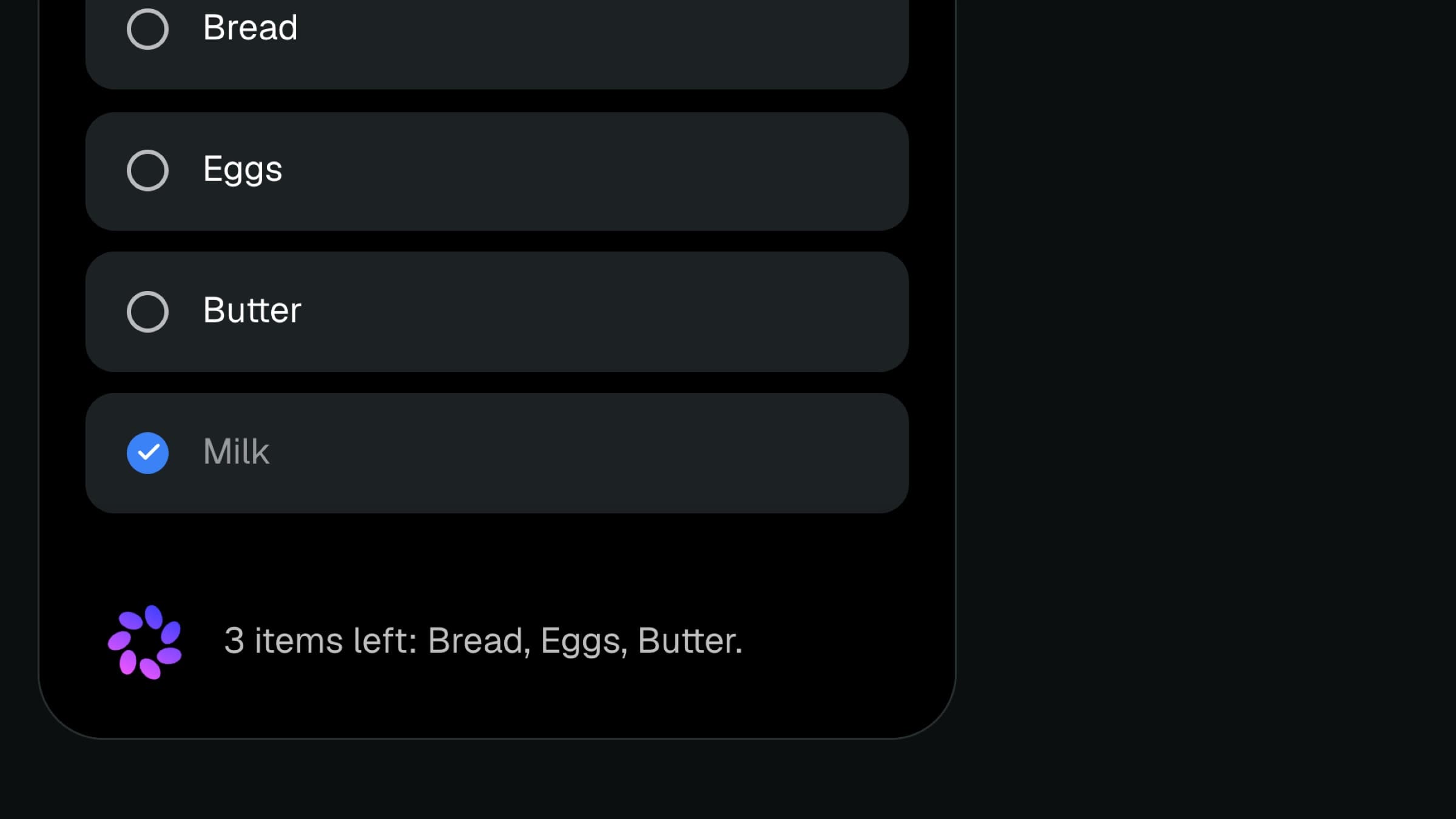 A grocery list on the glasses display: Bread, Eggs, and Butter open, Milk checked off, and Meta AI reading back what is left.