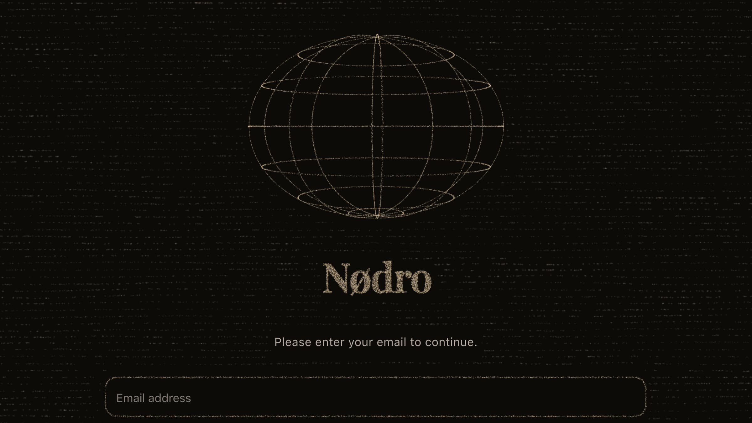 A meridian globe and the Nødro wordmark drawn in grains of sand on black.
