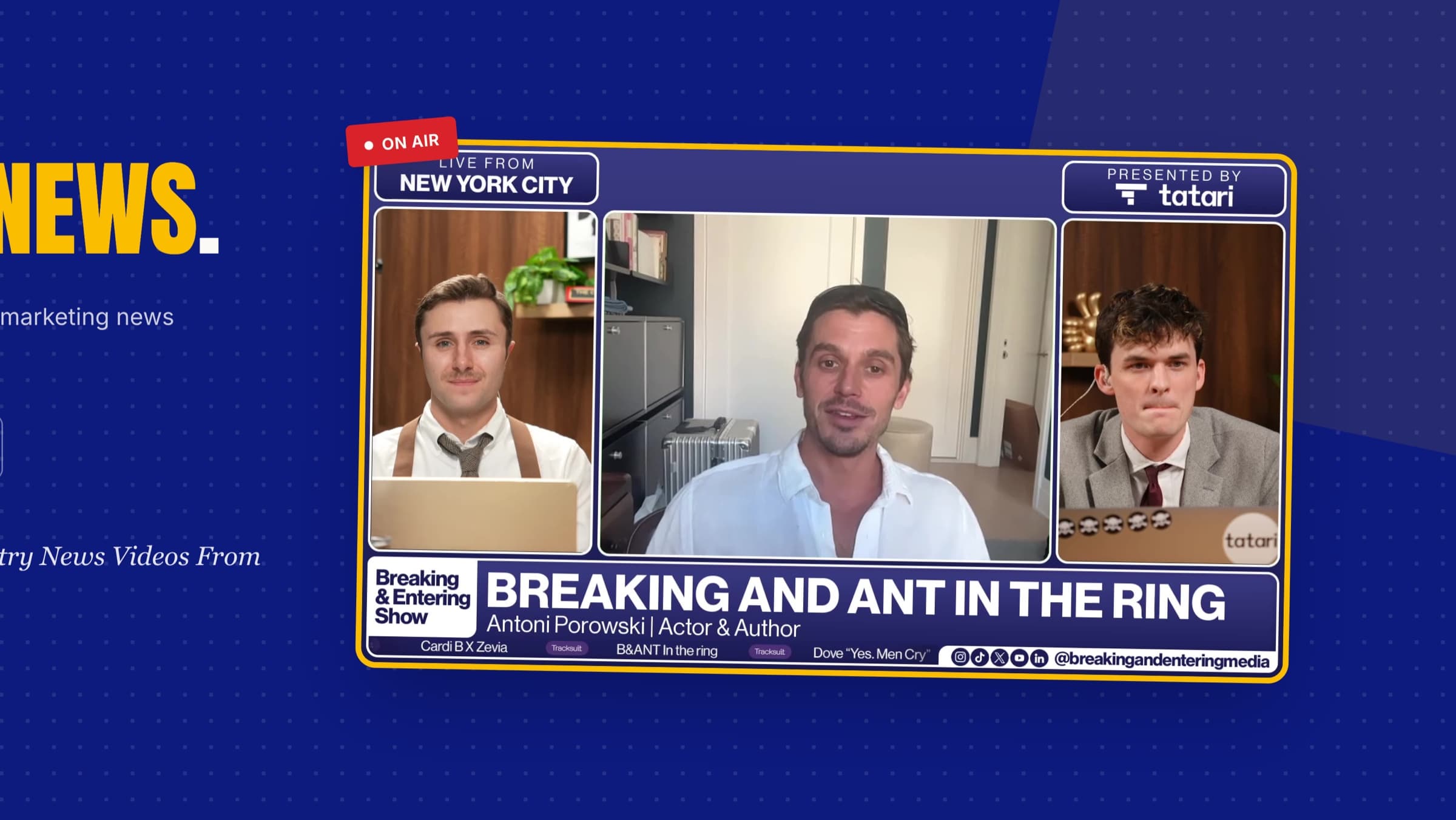 The live show player, on air from New York City, tilted on a blue ground with three hosts in frame.