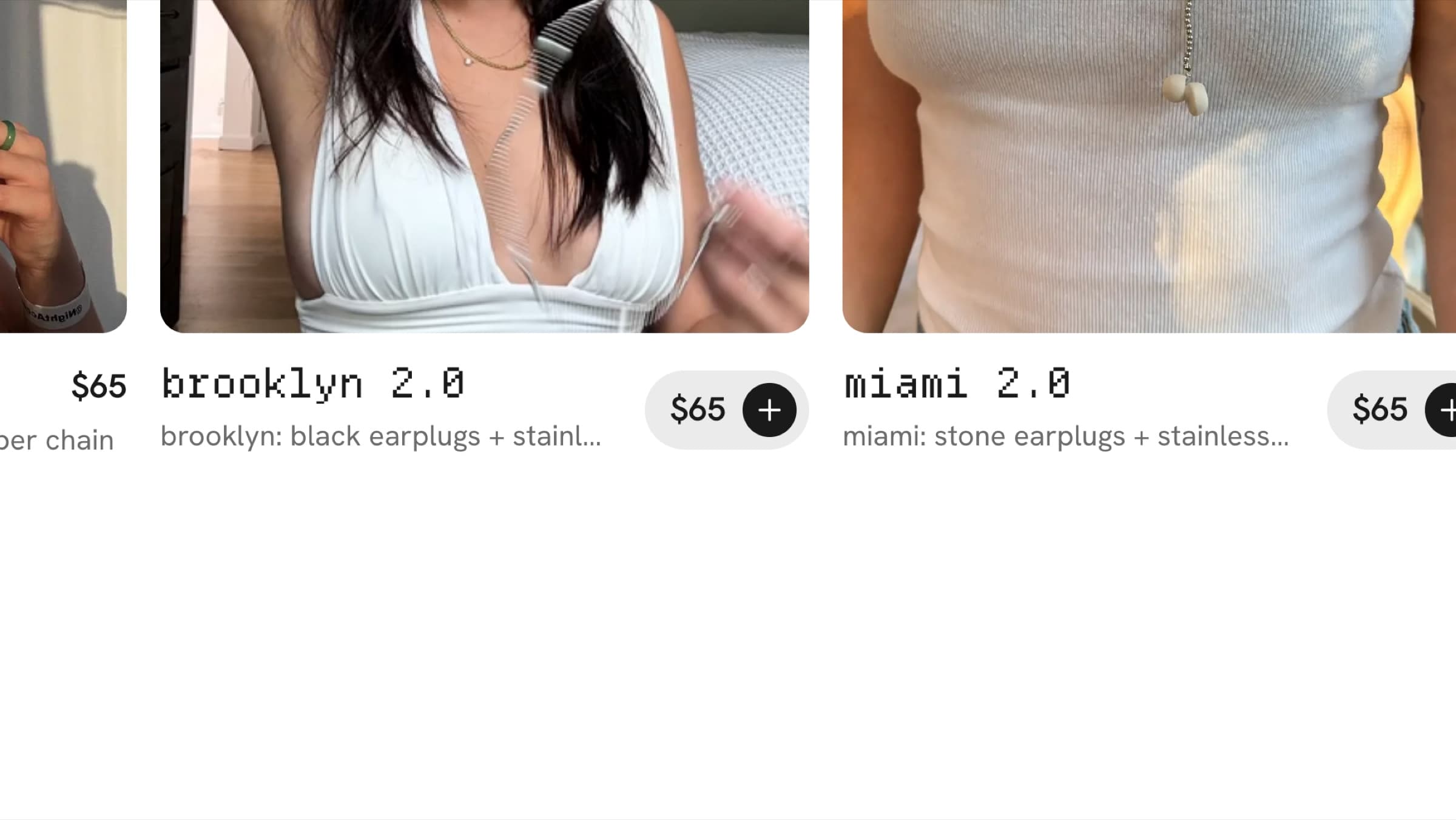 Product cards for brooklyn 2.0 and miami 2.0, each with a $65 pill and a plus to add to the bag.