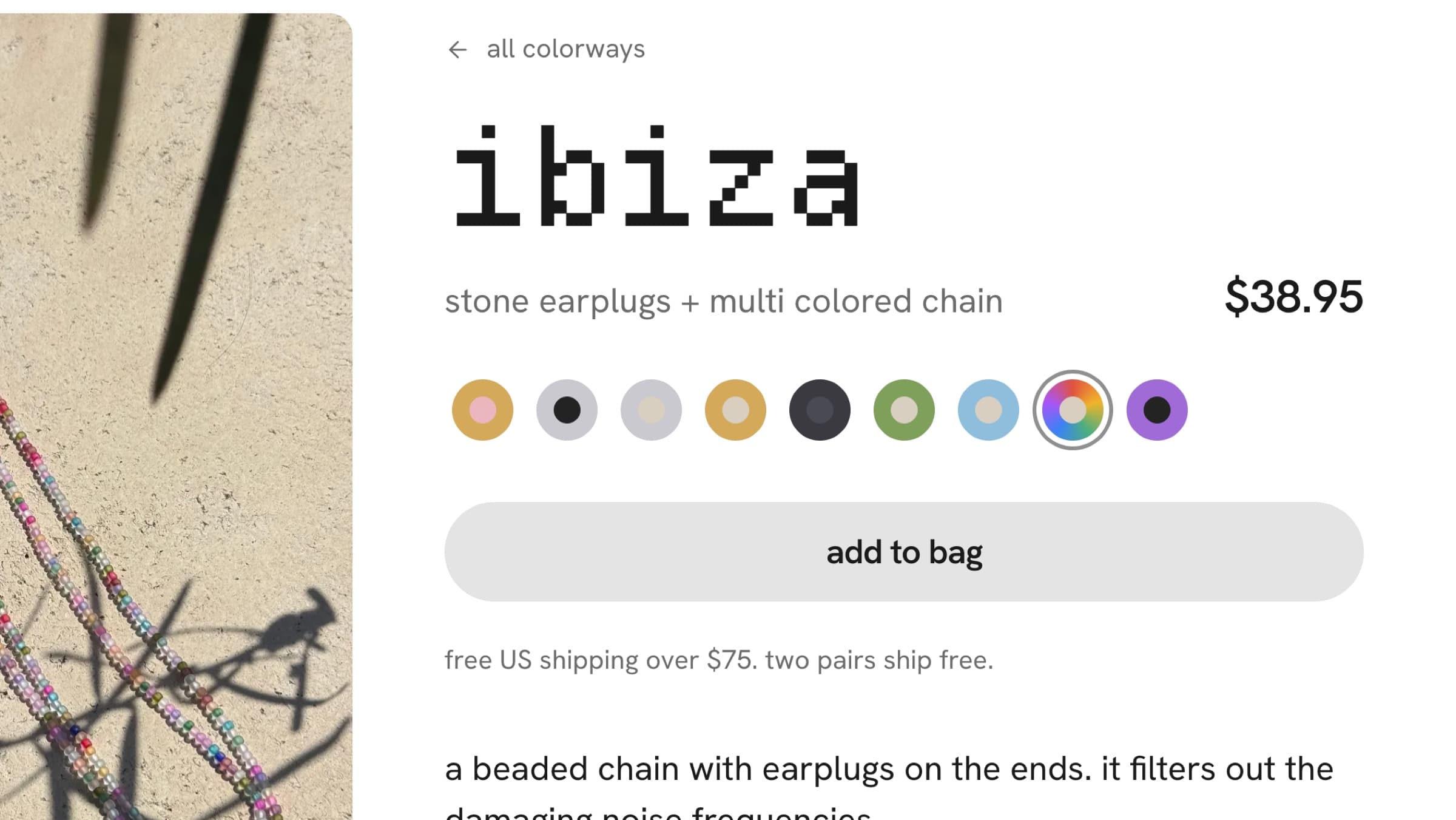 The ibiza product page: pixel wordmark, nine colorway swatches with ibiza selected, and the add to bag button.
